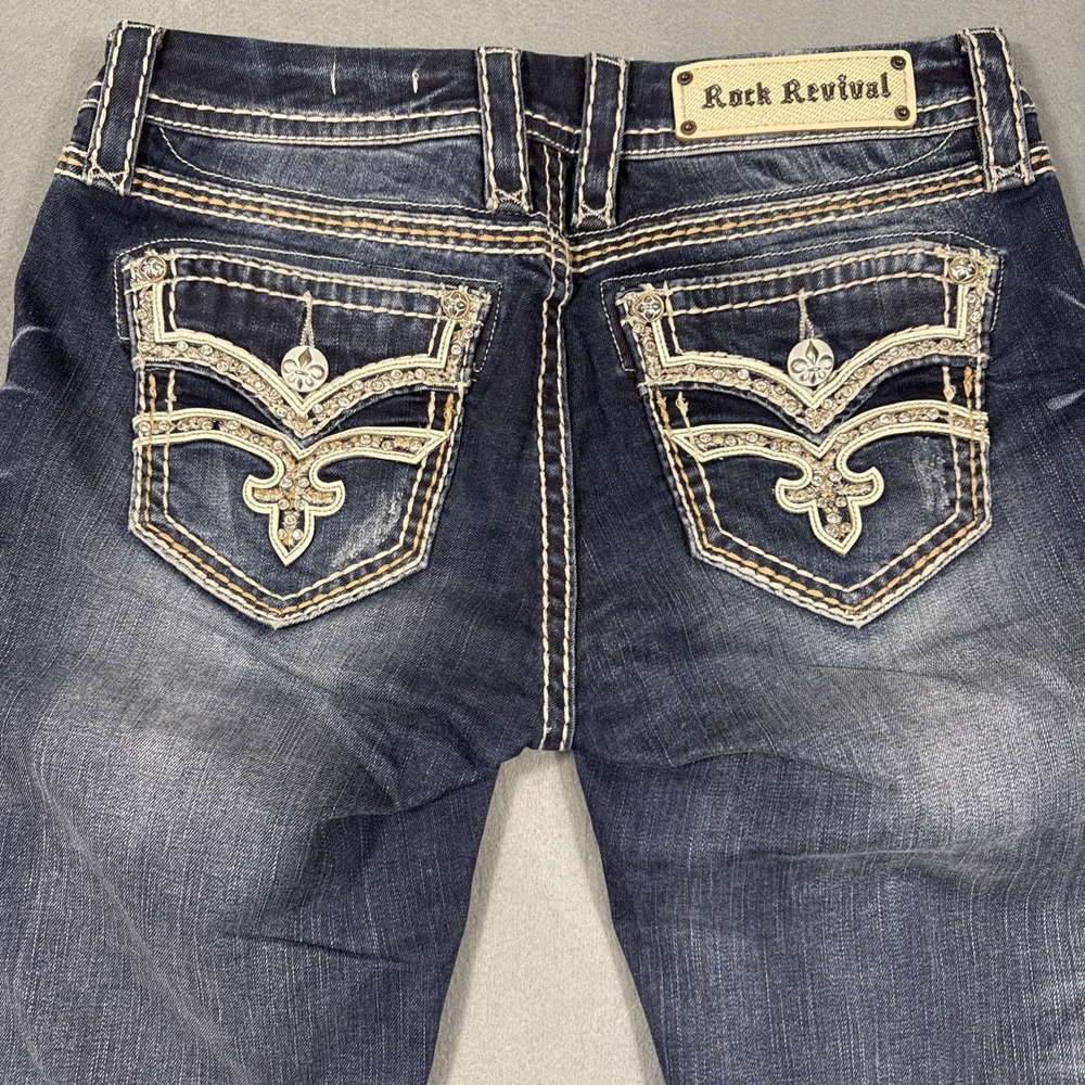 Rock Revival KARIA Capri Jeans Women's 29 Embellished Fleur Pocket WHISKERING